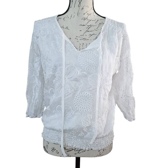 Kindred Women's Size Petite Large White Sheer Floral Embroidered Peasant Blouse - Picture 1 of 6